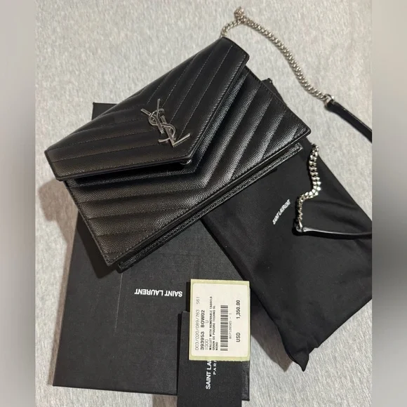 Saint Laurent Cassandre Black Quilted Envelope Leather Chain Wallet Purse - Picture 6 of 11